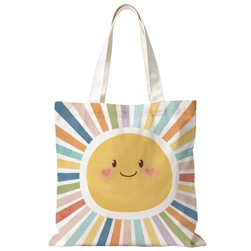 YRDBGHZDF Boho Sunshine Tote Bag Colorful Sun Canvas Tote Bags Boho Gifts for Women Cute Smiley Sun Sunshine Reusable Grocery Shopping Bag