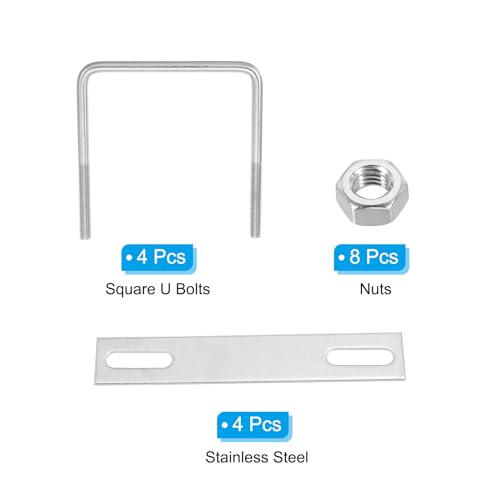 Image of PATIKIL M8x100x100mm Square U-Bolts Kit, 4Set 304 Stainless Steel Square U Shaped Bolts Replacement Parts with Frame Plates and Nuts for Ski Board Sailboat Trailer