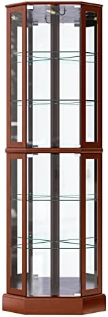 BELLEZE Lighted Corner Display Curio Cabinet Wooden Curved Shelving Unit with Tempered Glass Door, Bar and Liquor Storage Area with 6 Shelves - Ashfield (Walnut)