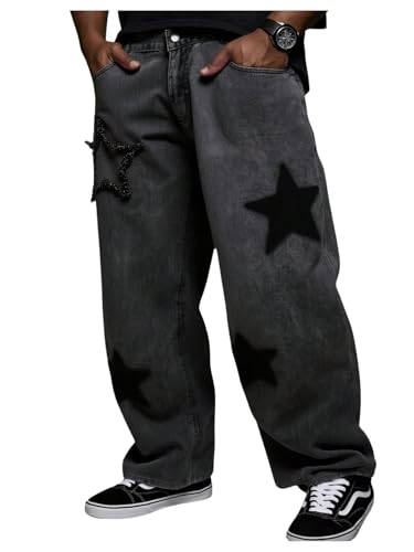 Men's Big and Tall Star Print Baggy Jeans Y2k Low Rise Straight Leg Denim Pants with Pockets