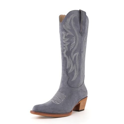 Image of KaroNairy Women Cowboy Boots Faux Suede Embroidered Pointed Thick Heeled Western Wide Calf Cowgirl Ponited Toe Mid Calf Boots