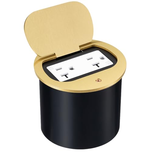 Image of Round Brass Recessed Floor Outlet Box, UL Listed Low Profile Hidden Flip-up Floor Outlet, 20A Tamper Resistant Receptacle with Watertight Gasket for Living Room, Office, Conference Room