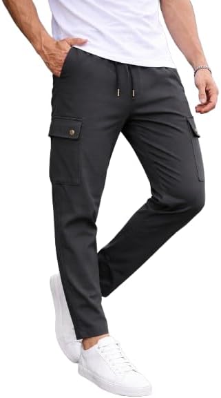 Men’s Dark Gray Polyester Blend Cargo Pants – Slim Fit Stretch Casual Trousers with Utility Pockets and Drawstring Waist