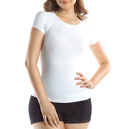 Image of +MD Women's Seamless Short Sleeve Undershirt, Light Compression Scoop Neck Tank Top, Tummy Control Basic Tee Camisole