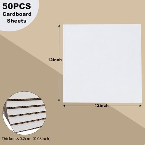 Image of 50 Pack 12x12 Inch White Corrugated Cardboard Sheets, Corrugated Cardboard Filler Insert Sheet Pads for Mailing, Pack Shipping, Cardboard Backing, Craft Card Board