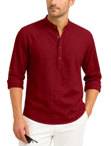 Image of Zombom Men's Cotton Blend Kurta Shirt with Full Sleeves Mandarin Collar Neck Solid Pattern for Men Regular Fit Ethnic Wear Casual Festive Top Modern Style | Cotton Shirt for Mens