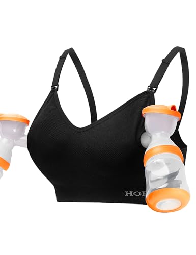 Image of HOFISH Women's Pumping & Nursing Bra Hands Free,3-in-1 Seamless Soft Wirefree Pregnancy Bra, Wearable Breast Pump Bra Black L