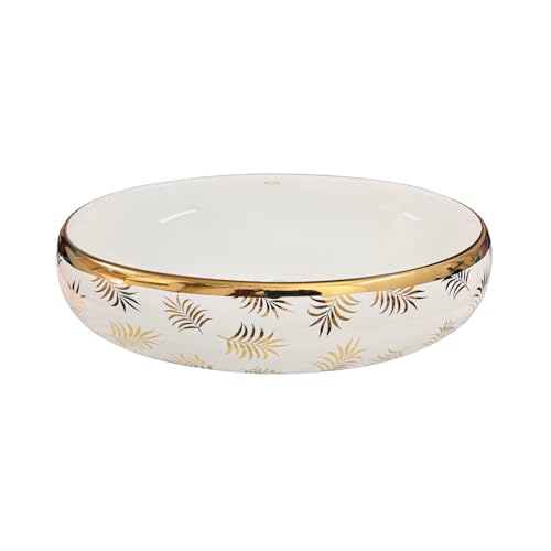 Image of Wallace Designer Oval Table Top Wash Basin 60x40x15 cm | White Ceramic Countertop Vessel Sink with Gold Leaf Pattern | Premium Over Counter Luxury Bathroom Basin