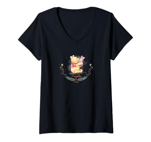 T-shirt col en V Winnie l'Ourson et Porcinet pour femme haut décontracté gris
