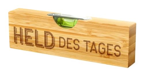 Holz-Wasserwaage mit Gravur 'Held des Tages', Bambus, Handwerkzeug mit Flaschenöffner auf der Rückseite
