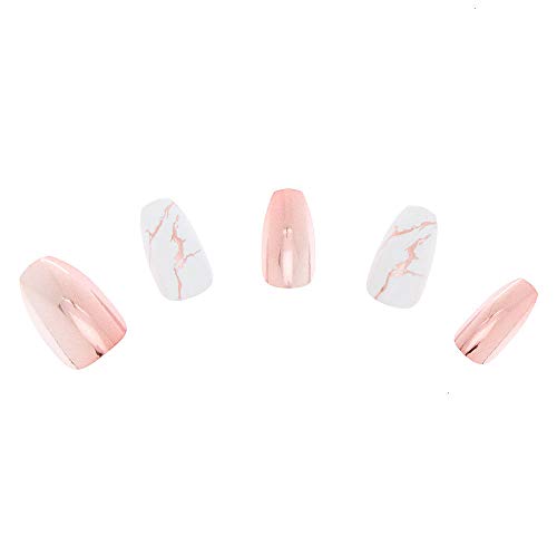 Claire's Girl's Chrome Marble Coffin Faux Nail Set - Rose Gold, 24 Pack