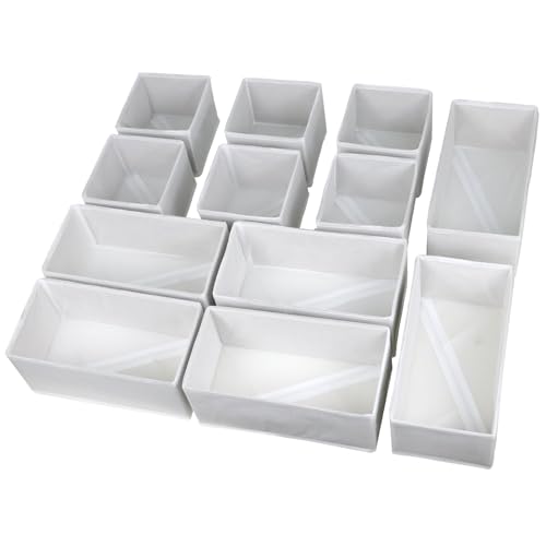 Image of Fordonral Set of 12 Drawer Organizer, Fabric Closet Organizer and Storage Baskets,Foldable Drawer Divider for Clothing,Sock,Ties,Underwear Drawer Organizers,Set of Cabinet Storage Boxes (White)