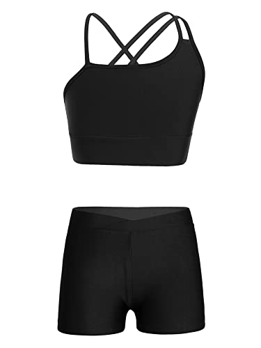 iEFiEL Kids Girls Dance Outfit Crop Top with Shorts Set Sports Gymnastic Athletic Workout Outfits Tracksuit Activewear Black 7-8 Years