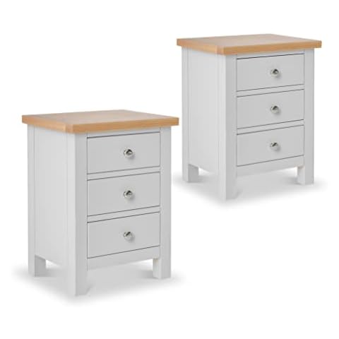 Farrow Grey Bedside Tables Set of 2 Cabinet Units with Oak Tops | Roseland Furniture Pair of Solid Wood Painted Side End Night Stands with 3 Drawer Storage for Bedroom or Bathroom | Fully Assembled Cover