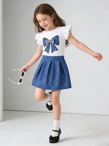 Image of Azmxynol Toddler Girls Clothes Cap Sleeve T-Shirt + Bowknot Print 2pcs Summer Shorts Outfit Set For Girls, Size 4-8 Years