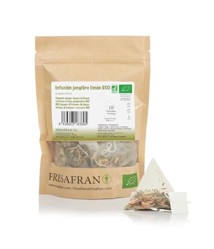 FRISAFRAN | Infusión Jengibre y Limón Ecológica en pirámides 15Uds | 30g | Antiinflamatoria | Antioxidante | Té jenjibre limón | te jengibre | Antioxidante | Vitaminico | Infusión Digestiva | natural