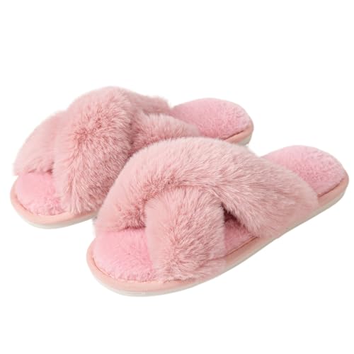Womens Cross Band Slippers Cozy Furry Fuzzy House Slippers Open Toe Fluffy Indoor Shoes Outdoor Slip on Warm Breathable Anti-skid Sole