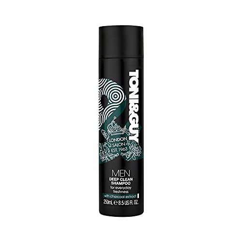 Image of Toni&Guy Men Deep Clean Shampoo with Activated Charcoal Extract, Clarifies Scalp for Refreshing Feel, Detoxifies & Removes Excess Oil & Buildup, Everyday Advanced Hair Detox Routine, 250ml