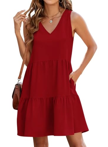 Image of QACOHU Women's Summer Sleeveless V Neck Mini Dress with Pockets Casual Sundress Beach Dresses for Women 2026