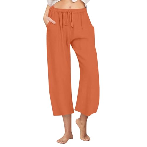 Cotton Linen Pants for Women 2025 Wide Leg Cropped Lounge Trousers Drawstring Elastic Waist Summer Capri Pant