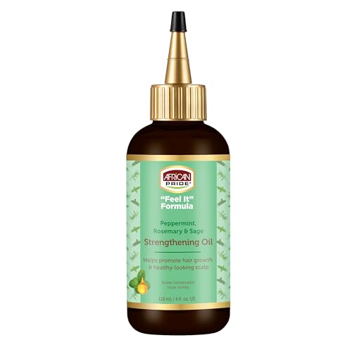 African Pride Feel-It Formula Strengthening Oil with Rosemary Oil, Peppermint Oil and Sage – Helps Promote Hair Growth, Nourishing Treatment for Split Ends and Dry Scalp for All Hair Types, 4 fl oz.