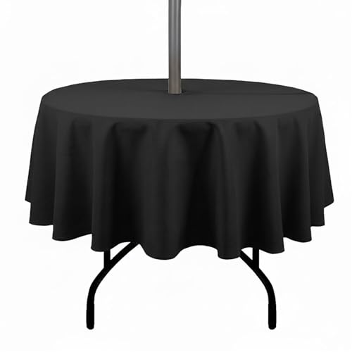 youngseahome Outdoor Tablecloth Wrinkle-Free Stain Resistant Waterproof Polyester Fabric Table Cover with Zipper Umbrella Hole for Picnic/Party/Dinner/Patio Garden(60inch Round,Zippered,Black)