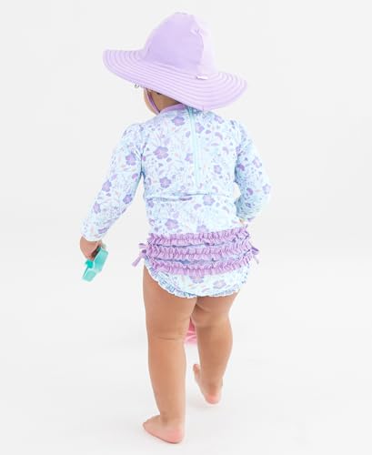 Image of RuffleButts Baby Girls UPF 50+ Sun Protection Floral Printed Long Sleeve One Piece Rash Guard Swimsuit with Zipper