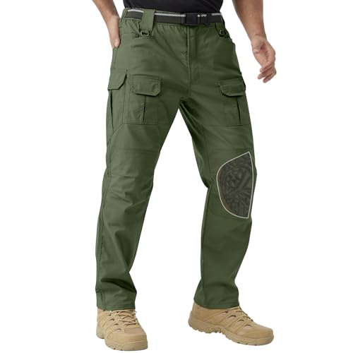 PandaVoy Mens Stretch Tactical Work Pants with Removable Knee Pads Water-Resistant Ripstop Cargo Pants for Outdoor & Hiking Lightweight Slim Fit Army Green 38 30