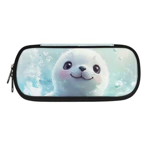 Image of Seal Pencil Cases for School Cute Basic Pen Box Light Blue Stationery Pouch Bag for Girls Lightweight Pencil Pouch with Slots and Mesh Pocket