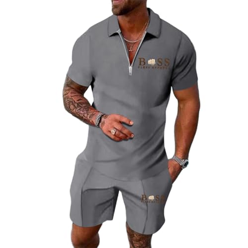 RUMAOZIA Chándal para hombre, traje deportivo de gran tamaño, ropa deportiva de dos piezas, polo de 2 piezas + pantalones cortos deportivos, camiseta para correr, sudadera Y2k Streetwear, gris, XL