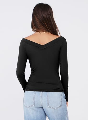 MIHOLL Womens Long Sleeve Shirts Sexy Off The Shoulder Going Out Tops Slim Fit Crop V Neck Blouses Fall Fashion 20252
