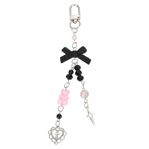 EXPHAIN Y2k - Lindo llavero para mujer, diseño de lazo estético, llaveros para mochilas, bolsos, accesorios para teléfono, Rosa, negro, plateado, moderate