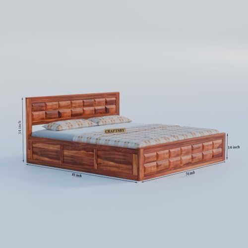 Image of Solid Sheesham Wood King Size Bed with Storage | Wooden Double Bed Cot for Bedroom & Home | Palang Double Bed with Designer Headboard | Honey Finish | 81 x 74 Inch