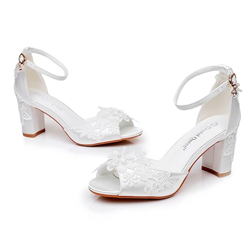Generic Wedding Bride Shoes Women's Bridal Shoes Open Toe Chunky Heel Lace Satin Ankle Strap Comfortable Wedding Dress Pump 7.5Cm2