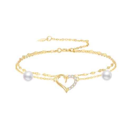Image of SISGEM Real 14k Gold Natural Diamond Heart Layered Anklet for Women, Love Ankle Bracelets Gifts for Her, 9+1+1 Inches