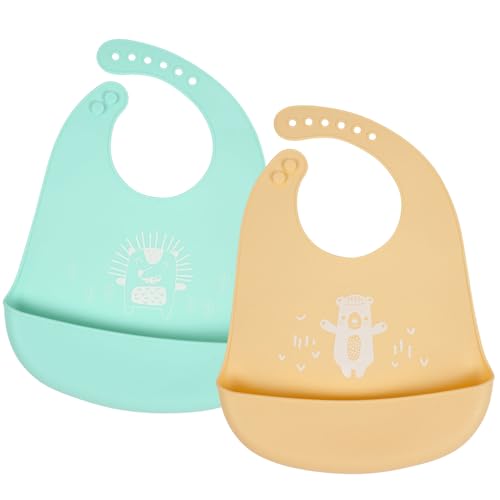Vicloon Silikon Baby Lätzchen, 2PCS Baby Fütterlätzchen mit Auffangschale 6 Verstellbaren Tasten, BPA Frei, Babylätzchen Einfache Reinigung, Wasserdicht für Babys Jungen und Mädchen, Bär & Igel