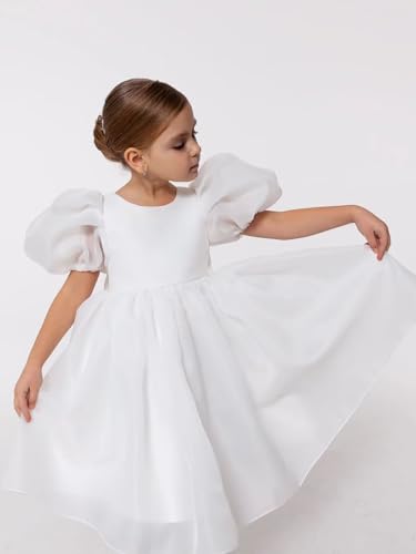 Tulle Flower Girl Dress for Wedding Kids Puff Sleeves Satin Long Pageant Princess Dresses Bowknot Prom Ball Gowns3