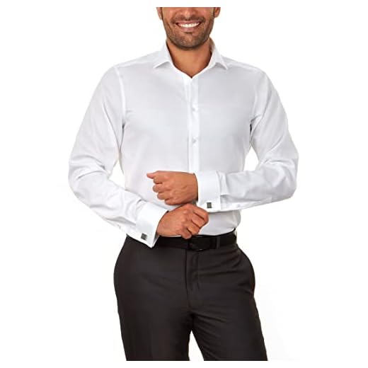 Calvin Klein Camisa social masculina sem ferro slim fit espinha de peixe com punho francês, Branco, 17" Neck 32"-33" Sleeve