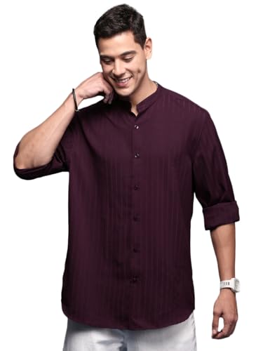 Image of SHOWOFFFF Men Solid Casual Shirt | Mandarin Collar Full Sleeves Cotton Shirt for Mens | Slim Fit Regular Length Shirt for Men's