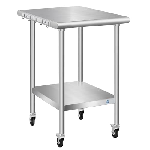 Stainless Steel Table with Wheels 24 x 18 Inch Commercial Stainless Steel Prep Table, Metal Table for Kitchen Restaurant Garage