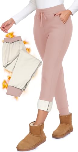 Hi Clasmix Fleece Lined Joggers for Women-Winter Thermal Womens Sweatpants Thick High Waisted Ski Hiking Running Pants S-2XL(Pink Small)
