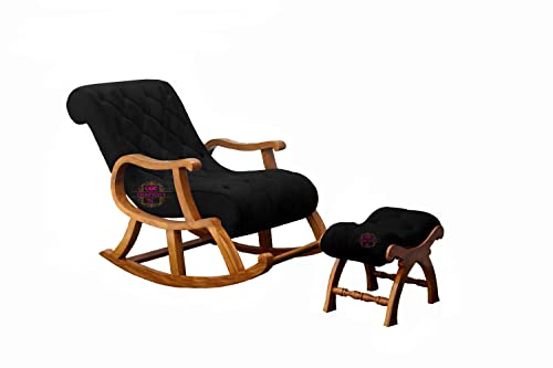 Image of CRAFTCITY Sheesham Wood Elegant Rocking Chair with Pillow and Matching Foot Stool /Living Room Chair /Rose Wood Rocking Chair /Single Seater Sofa with Footrest,Pre-Assembled (Black)