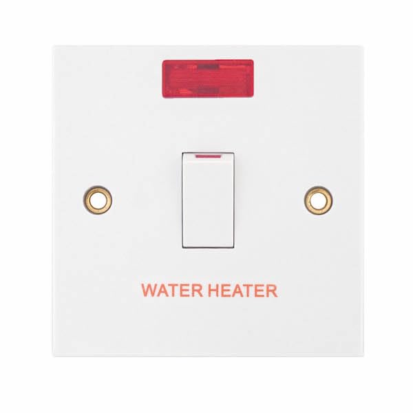 Invero 1 Gang 20 Amp Double Pole Electric Water Heater Wall Switch Standard Square White with Red Neon Power Indicator — image 1