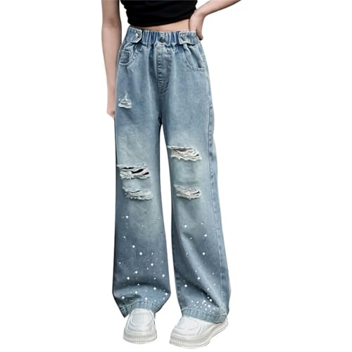 Baggy Jeans Kids Girls Wide Leg High Waist Distressed Denim Pants Daily Trousers Pockets Casual Hiphop Streetwear
