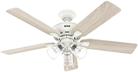 Hunter 52 inch Indoor Ceiling Fan with LED Lights and Pull Chain - Standard Mount White Ceiling Fan, 5 Blades, for Bedroom, Living Room, or Kitchen, 3 inch Downrod - Rosner 52344, Matte White