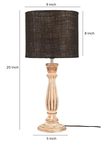 Image of Green Girgit Athens Wooden Lamp in Distress White Color with Jute Black Shade, Vintage Style Table Lamp, Distressed Wood Base, Black Linen Shade, Farmhouse Decor (LED Bulb Included)