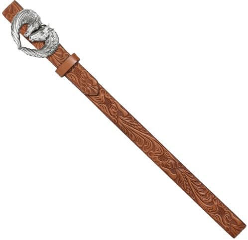 JUSTIN GIRL BELT COGNAC HAND TOOLED HEART HORSE BUCKLE- C30244