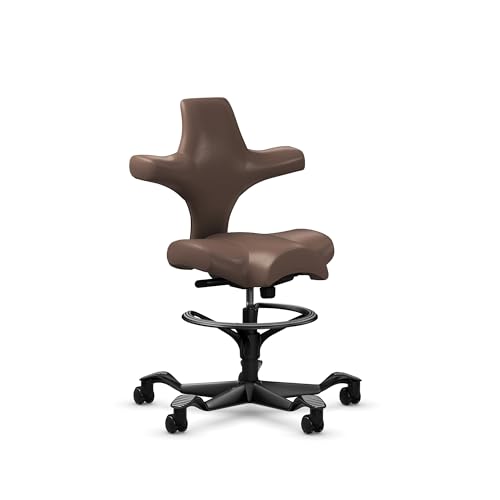 Image of HAG Capisco Sit to Stand Chair-Black Frame-Upholstered Brown Mahogany Vinyl-with Foot Ring