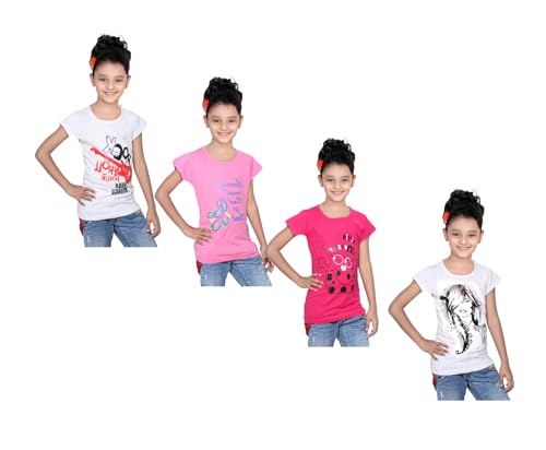 Image of indi weaves Girls Pure Cotton Chest Printed Half Sleeves Round Neck T-Shirts (Pack of 4)