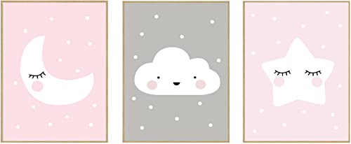 Image of UDP-Auto Pink Moon Cloud Star Nursery Wall Art Child Poster Cute Decorative Picture Print Wall Painting Nordic Kid Baby Room Decor Framed-12 x16 x3 P